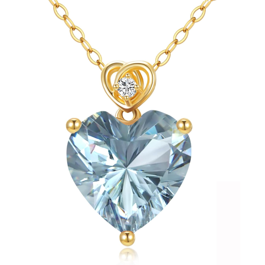 Colar com pingente de coração de rosa e água-marinha em ouro 14K e pedras preciosas