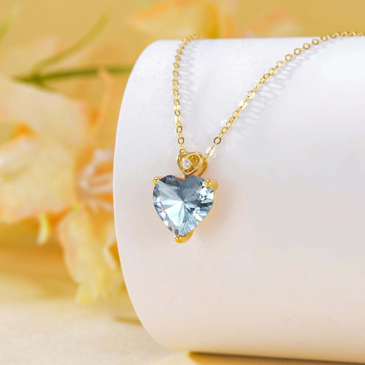 14K Gold Aquamarine Rose Heart Pendant Necklace Gemstone Necklaces-3