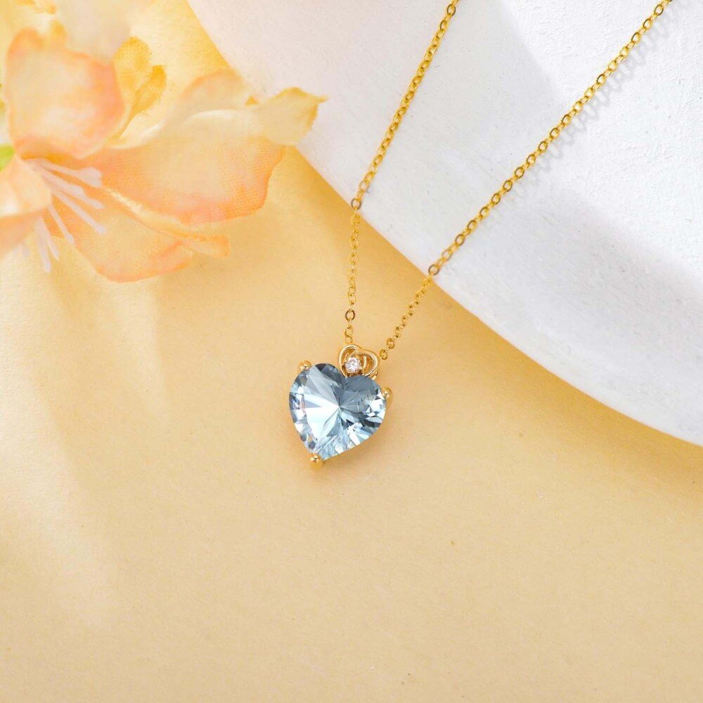 10K Gold Aquamarine Rose Heart Pendant Necklace Gemstone Necklaces-4