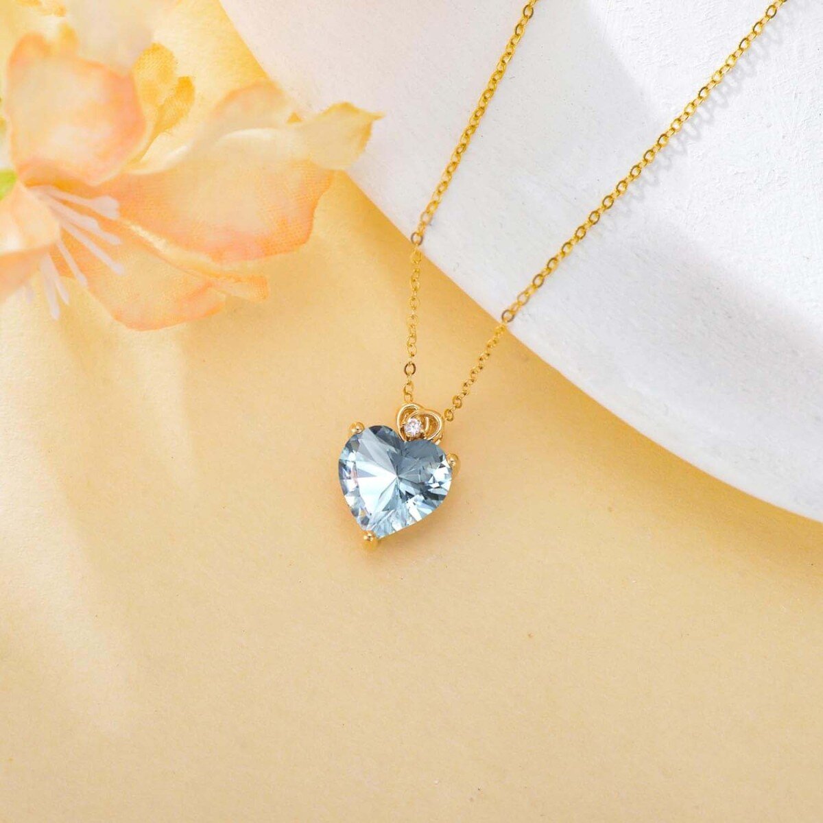 14K Gold Aquamarine Rose Heart Pendant Necklace Gemstone Necklaces-4
