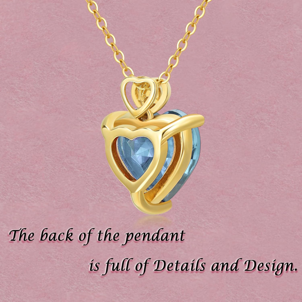 10K Gold Aquamarine Rose Heart Pendant Necklace Gemstone Necklaces-5