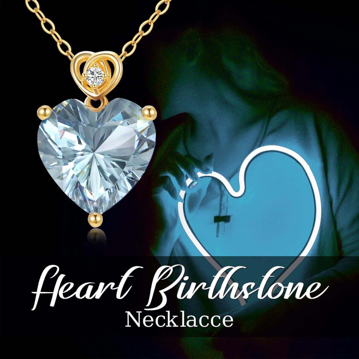 14K Gold Aquamarine Rose Heart Pendant Necklace Gemstone Necklaces-6