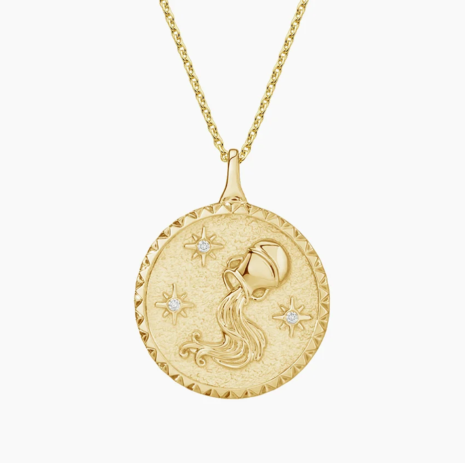 14K Gold Aquarius Zodiac Sign Diamond Medallion Pendant Necklace-1