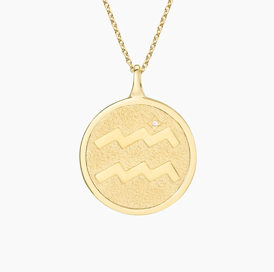 14K Gold Aquarius Zodiac Sign Diamond Medallion Pendant Necklace-3