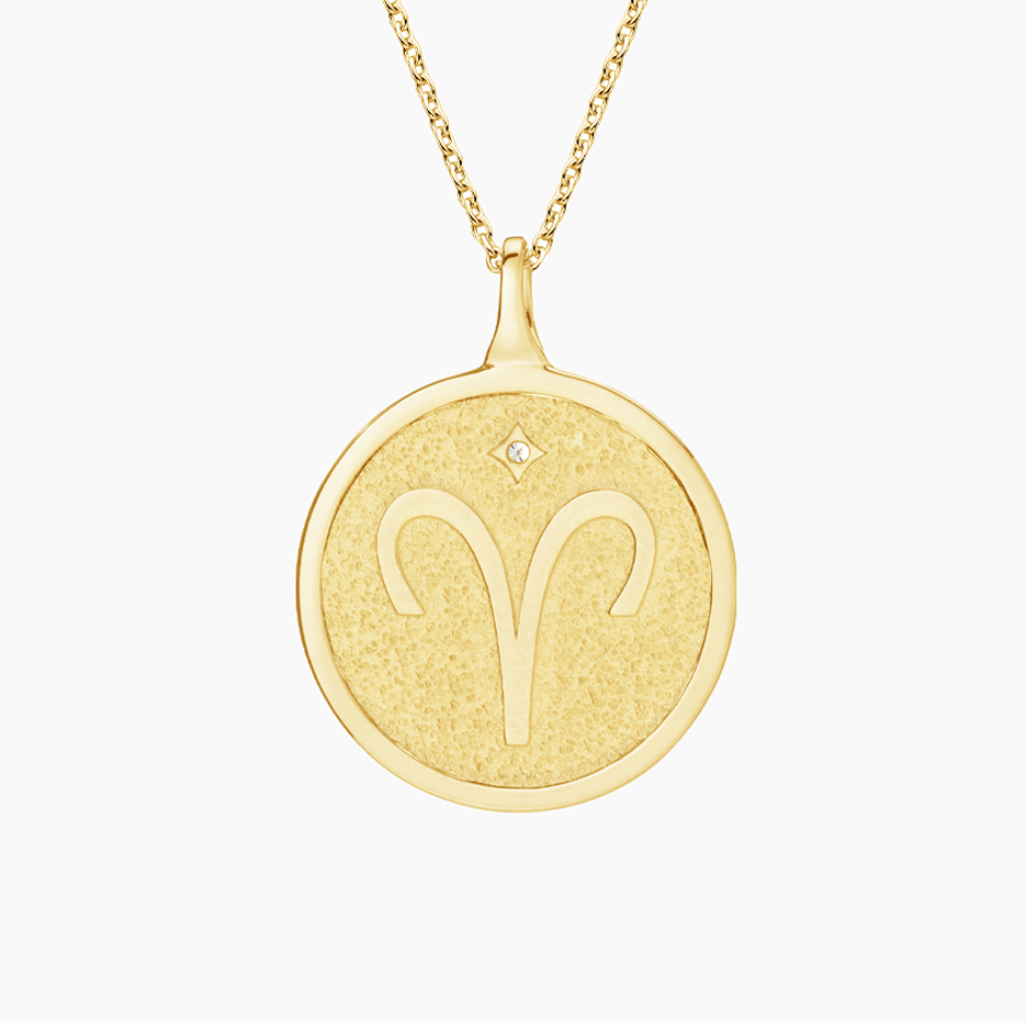 14K Gold Aries Zodiac Sign Diamond Medallion Pendant Necklace-4