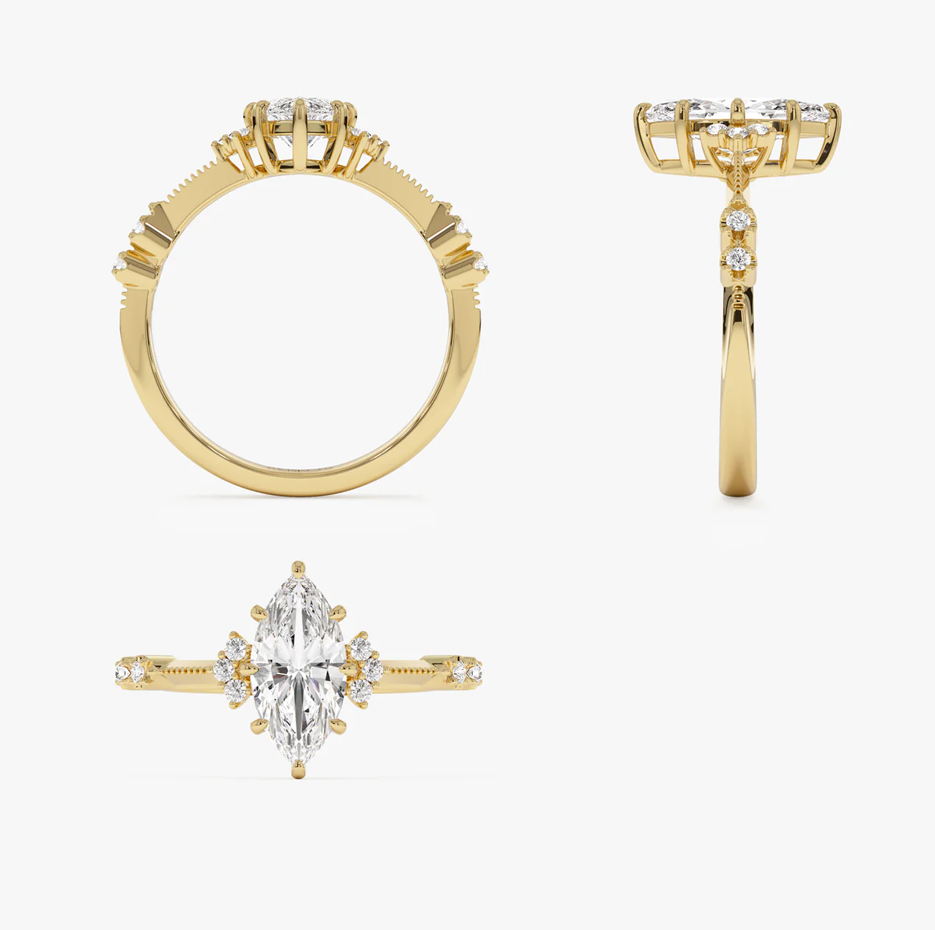 9K Gold Art Deco Marquise Cut Lab Grown Diamond Engagement Ring-5