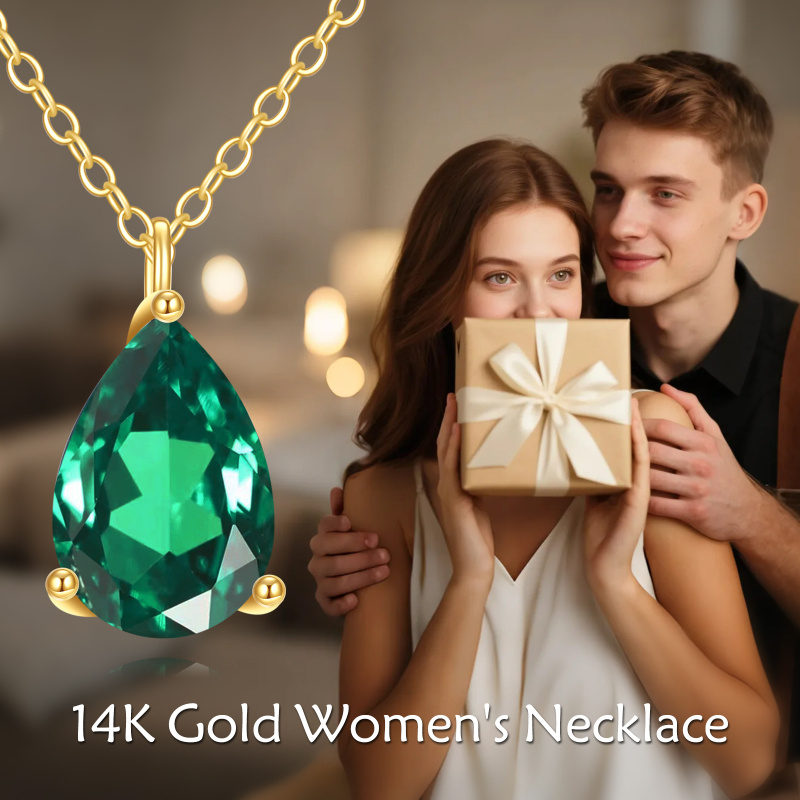 Collar colgante de oro de 14 quilates con forma de gota y esmeralda artificial-5