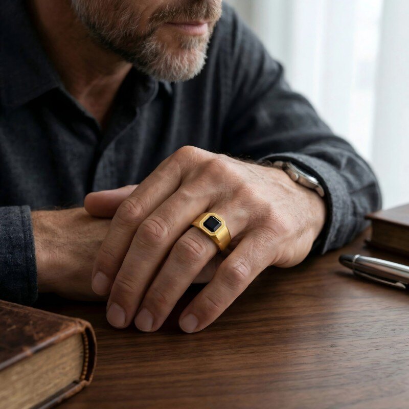 Bague pour homme en or 14K avec taille Asscher en agate noire pour hommes-2