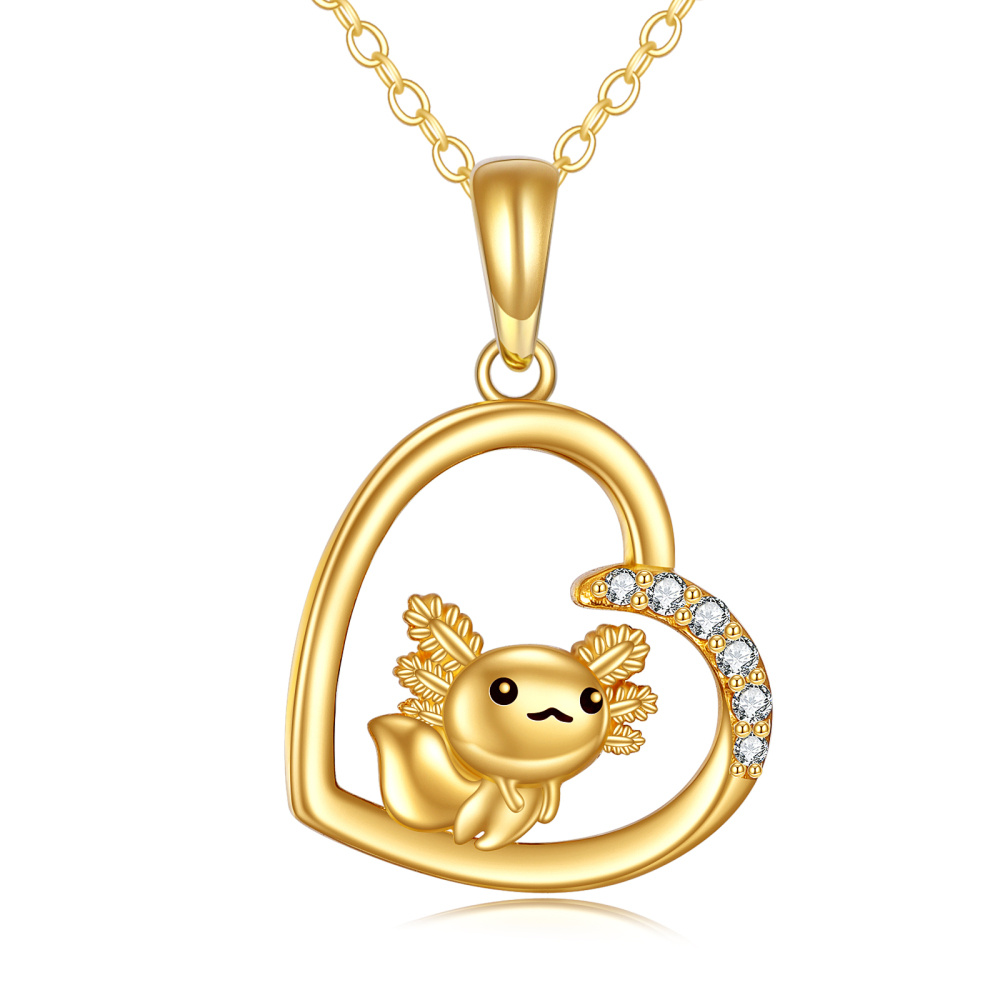 10K Gold Cubic Zirconia Axolotl & Heart Pendant Necklace-1