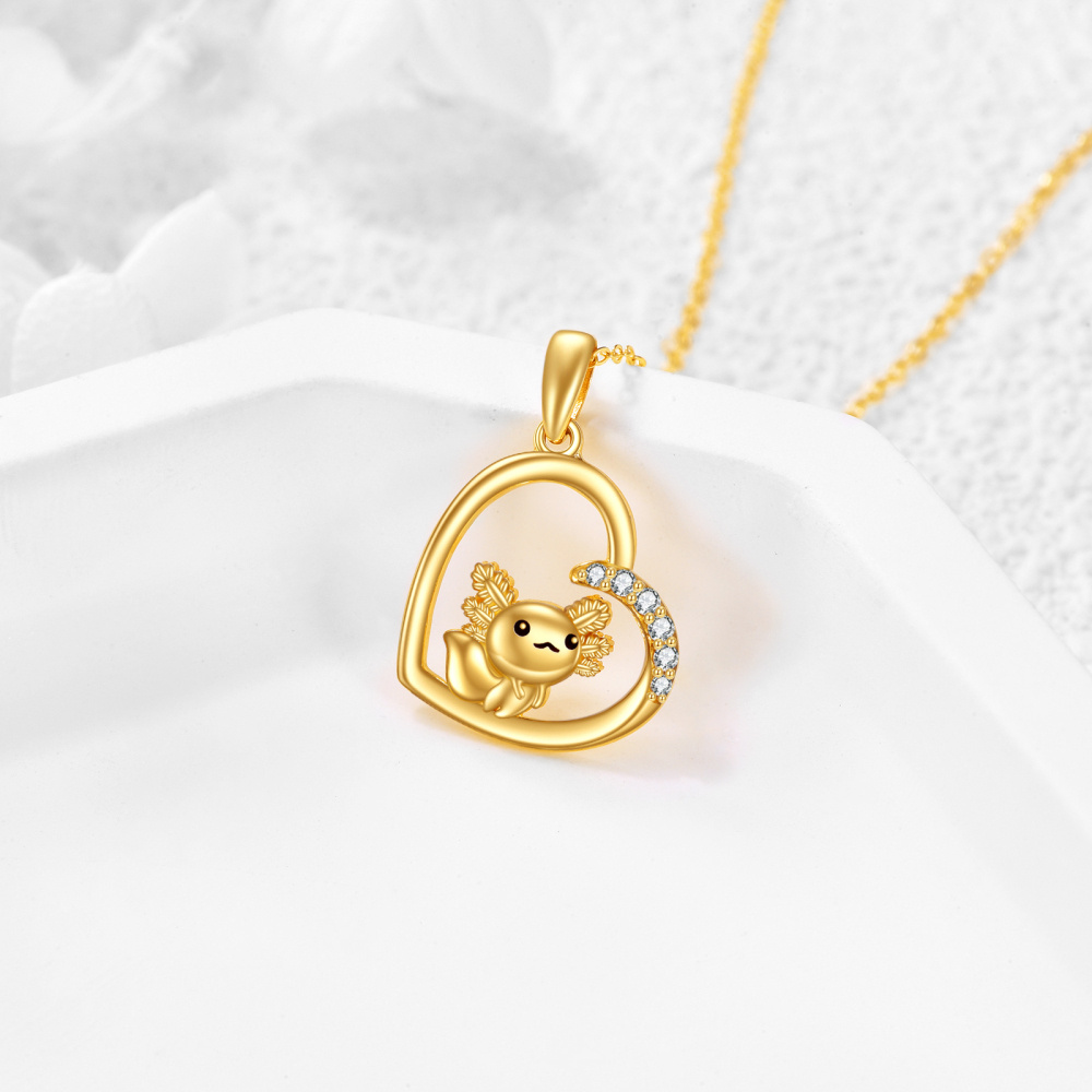 10K Gold Cubic Zirconia Axolotl & Heart Pendant Necklace-3
