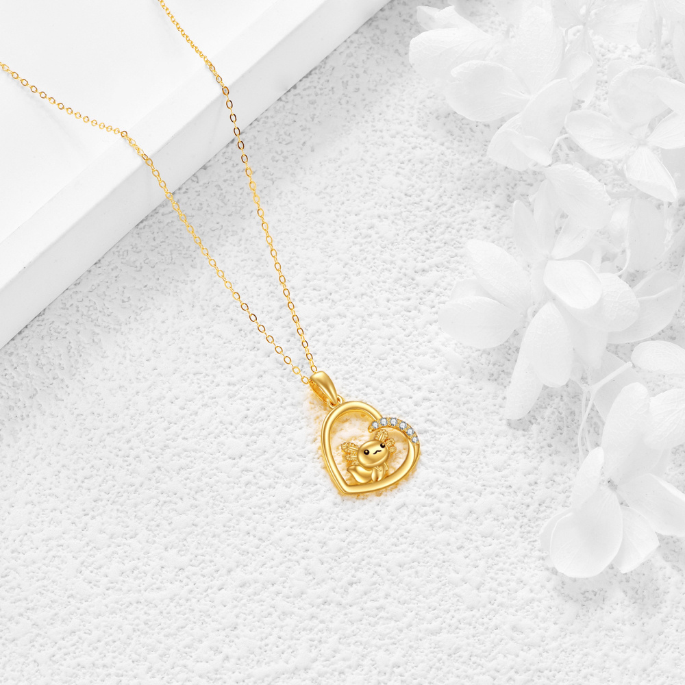 10K Gold Cubic Zirconia Axolotl & Heart Pendant Necklace-4