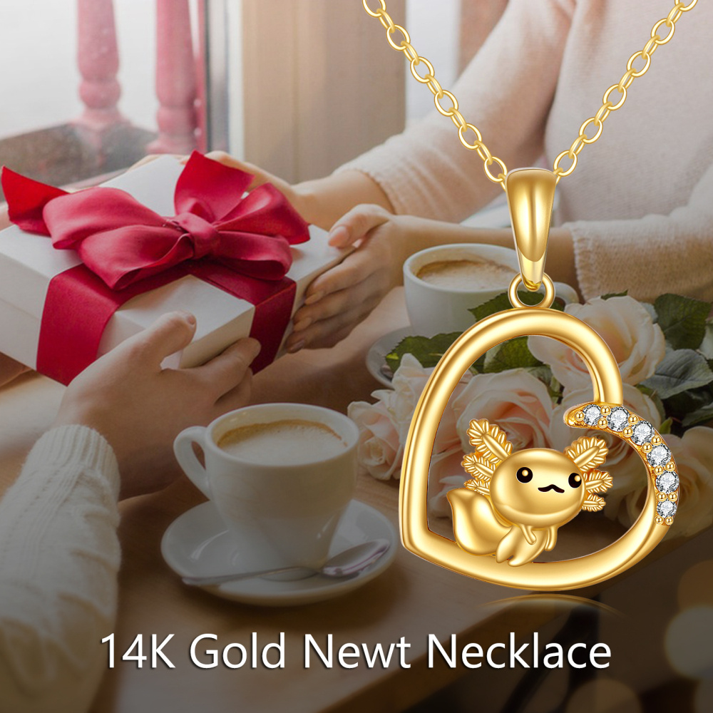 10K Gold Cubic Zirconia Axolotl & Heart Pendant Necklace-5