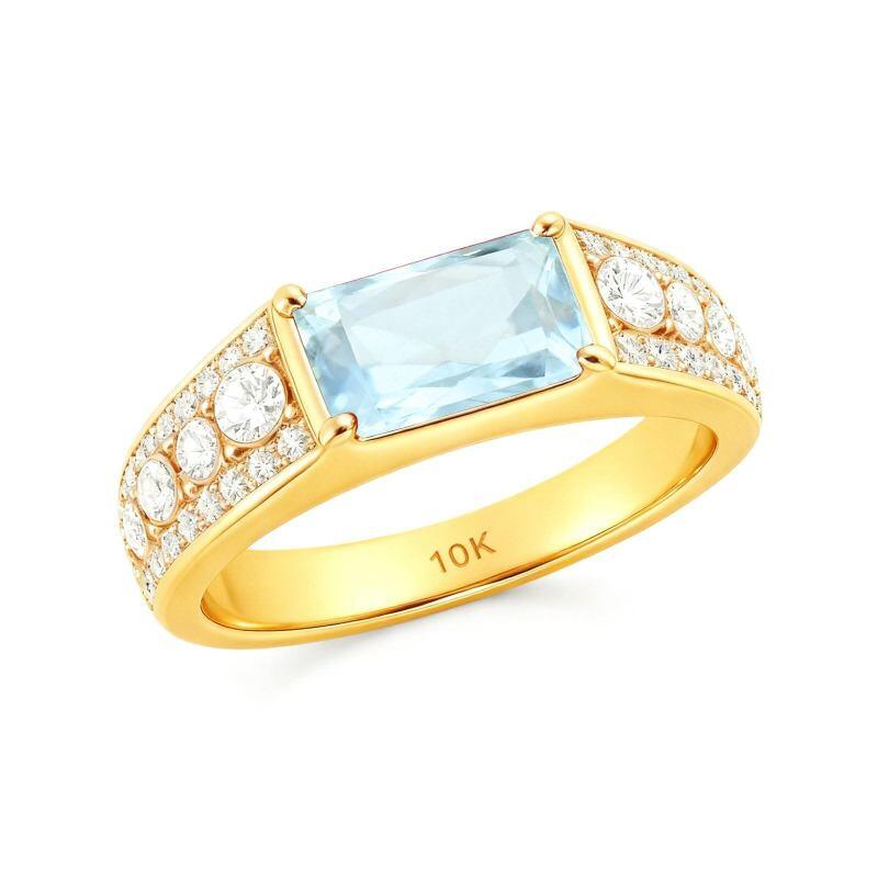 Anillo de compromiso de oro 14K con aguamarina cortada en baguette y moissanita-2