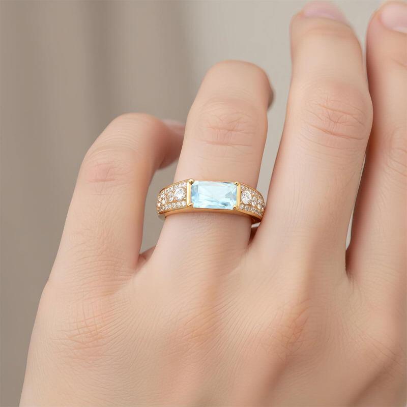 14K Gold Baguette Cut Aquamarine & Moissanite Engagement Ring-2