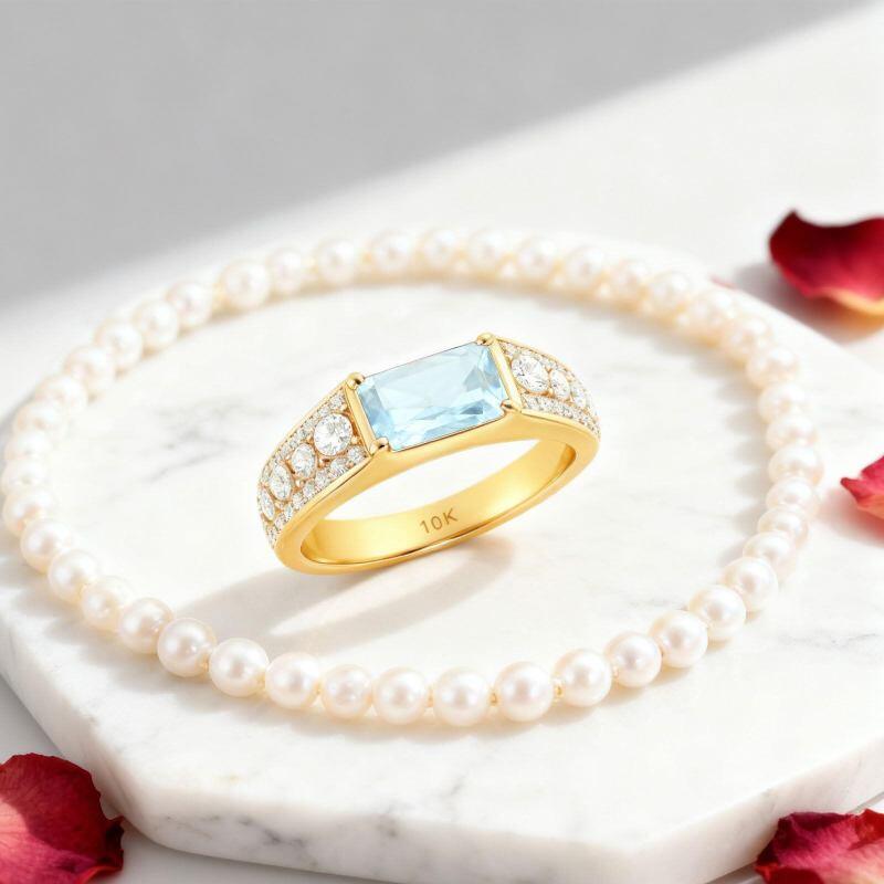14K Gold Baguette Cut Aquamarine & Moissanite Engagement Ring-3