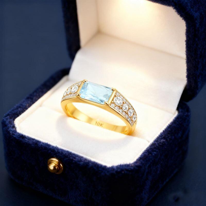 14K Gold Baguette Cut Aquamarine & Moissanite Engagement Ring-4