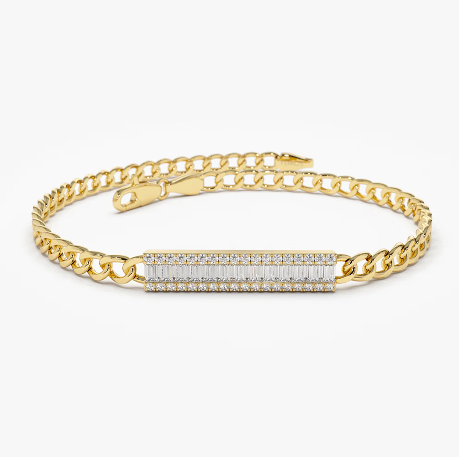 14K Gold Baguette Diamond Bar Cuban Link Bracelet-1