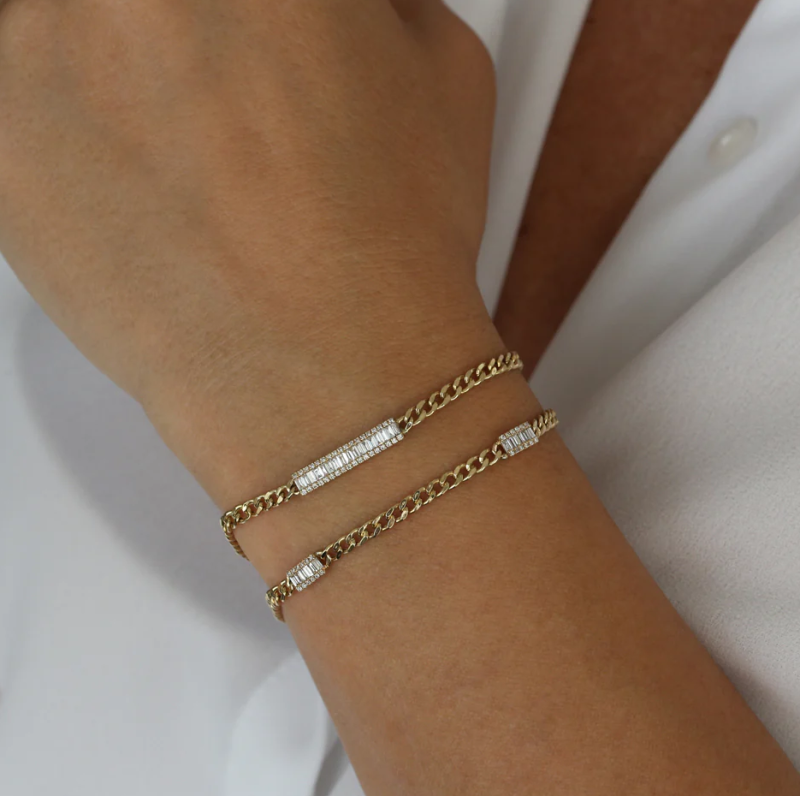 Pulseira de elos cubanos com barra de diamantes e baguete em ouro 14K-2