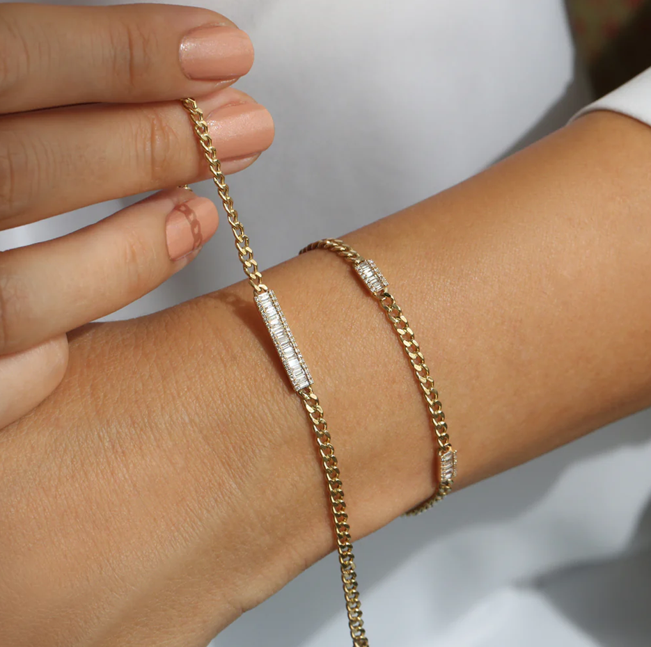 14K Gold Baguette Diamond Bar Cuban Link Bracelet-3