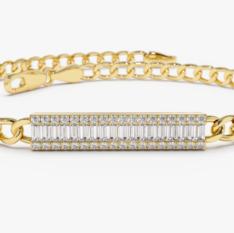 Pulseira de elos cubanos com barra de diamantes e baguete em ouro 14K-4