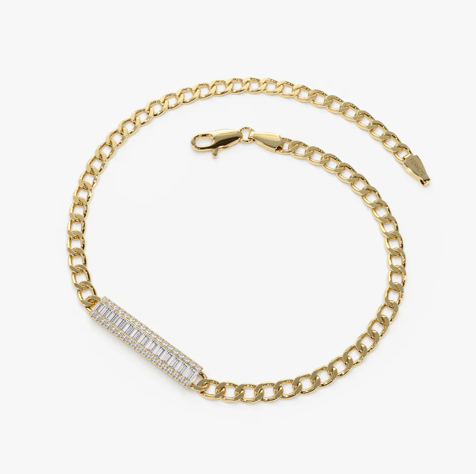 14K Gold Baguette Diamond Bar Cuban Link Bracelet-5