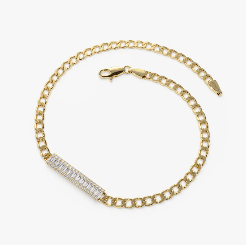 Pulseira de elos cubanos com barra de diamantes e baguete em ouro 14K-5