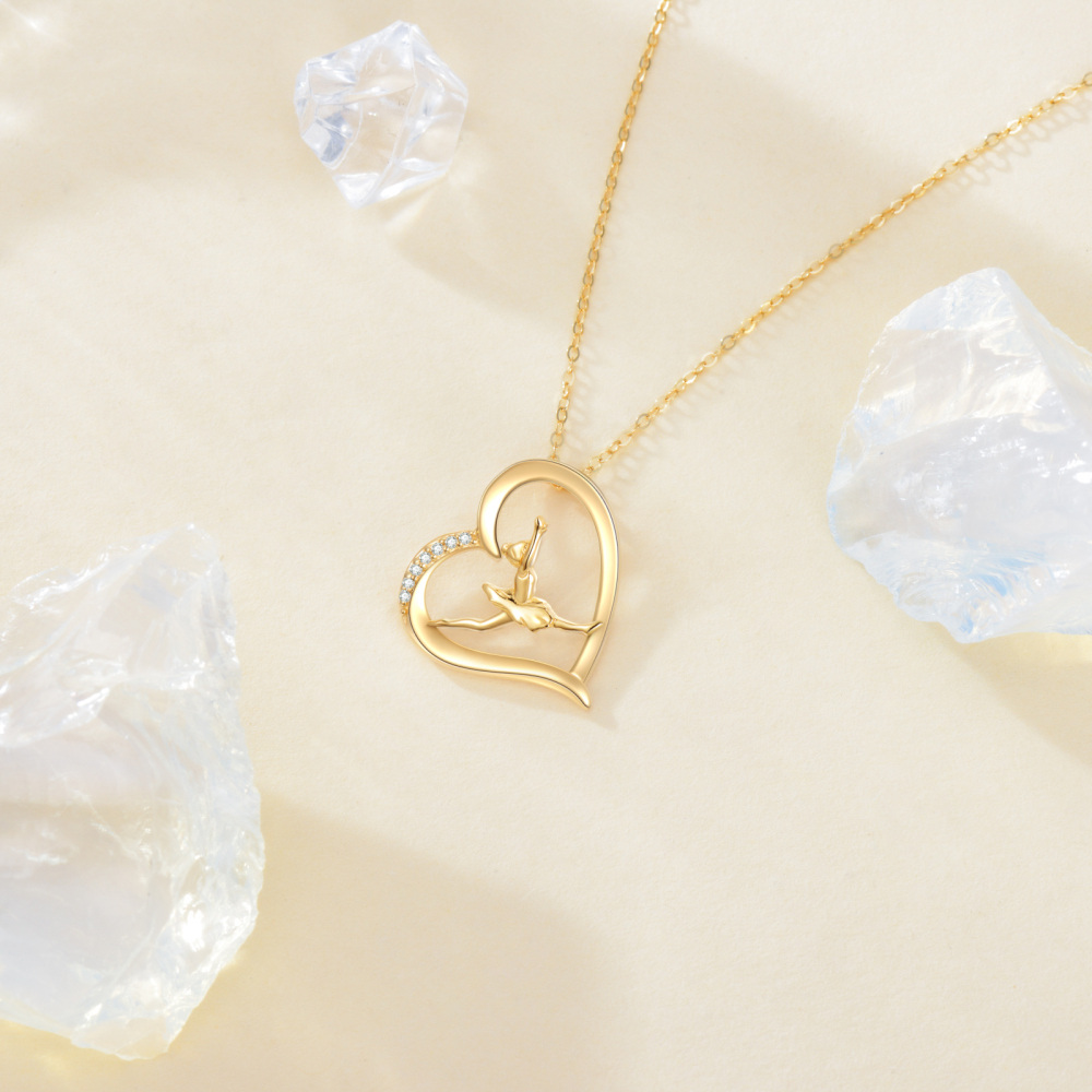 10K Gold Cubic Zirconia Ballet Dancer & Heart Pendant Necklace-5
