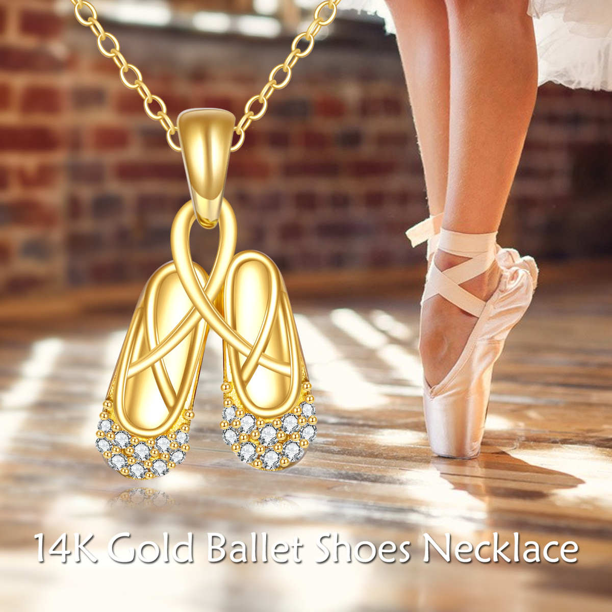 10K Gold Cubic Zirconia Ballet Shoes Pendant Necklace-6