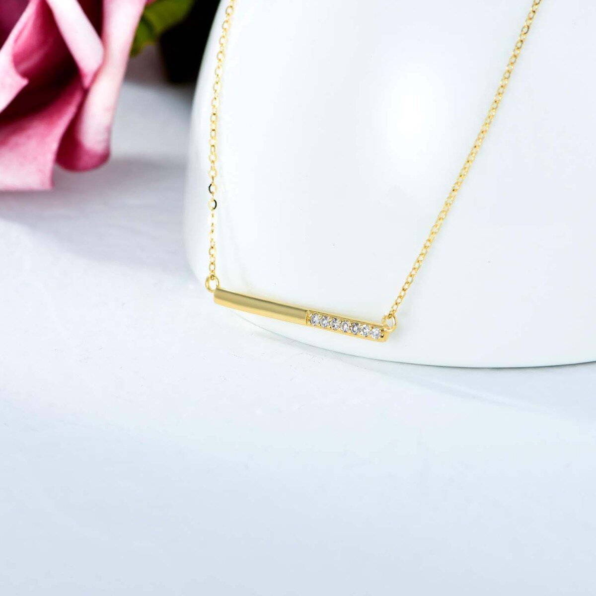 10K Gold Cubic Zirconia Bar Necklace for Women-3