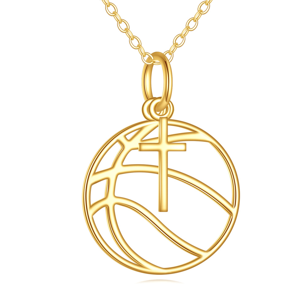 10K Gold Basketball & Cross Pendant Necklace-1