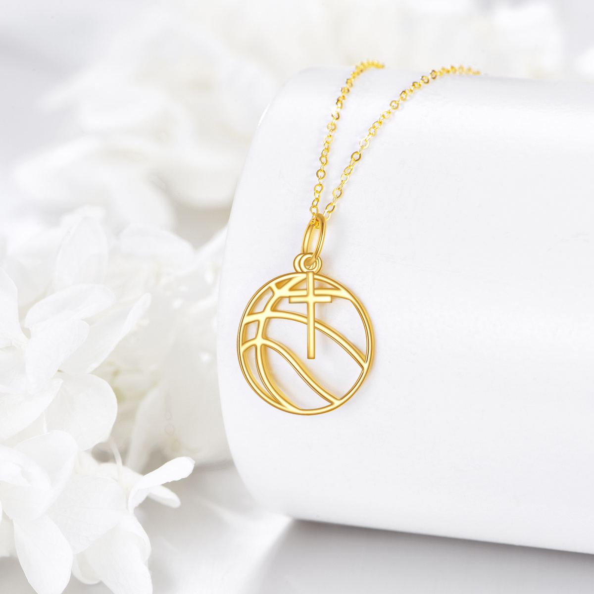 14K Gold Basketball & Cross Pendant Necklace-3