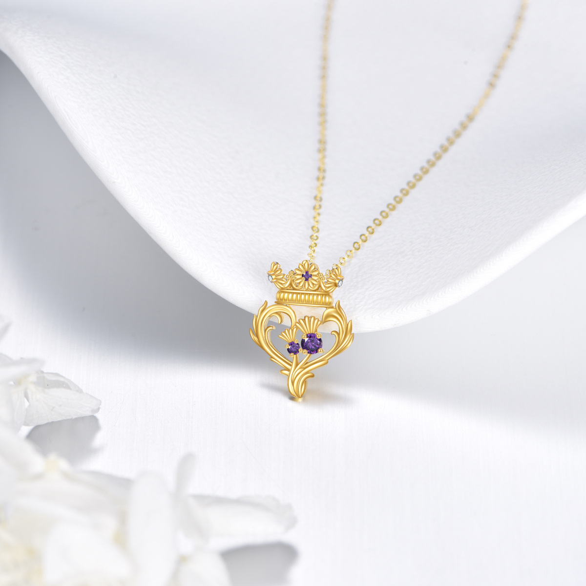 14K Gold Cubic Zirconia Bauhinia Pendant Necklace-4