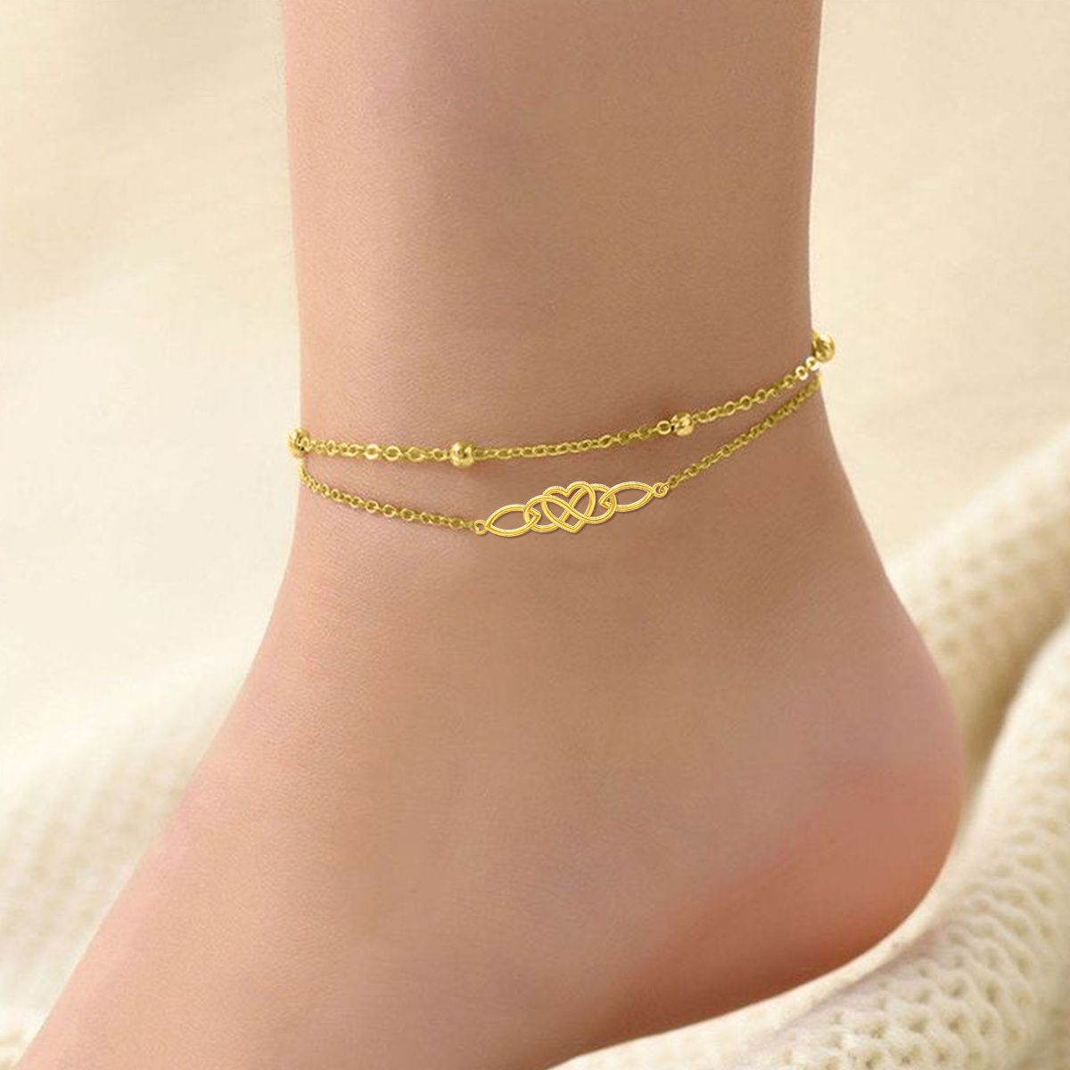 10K Gold Bead Celtic Knot Heart Multi-layered Charm Anklet-2