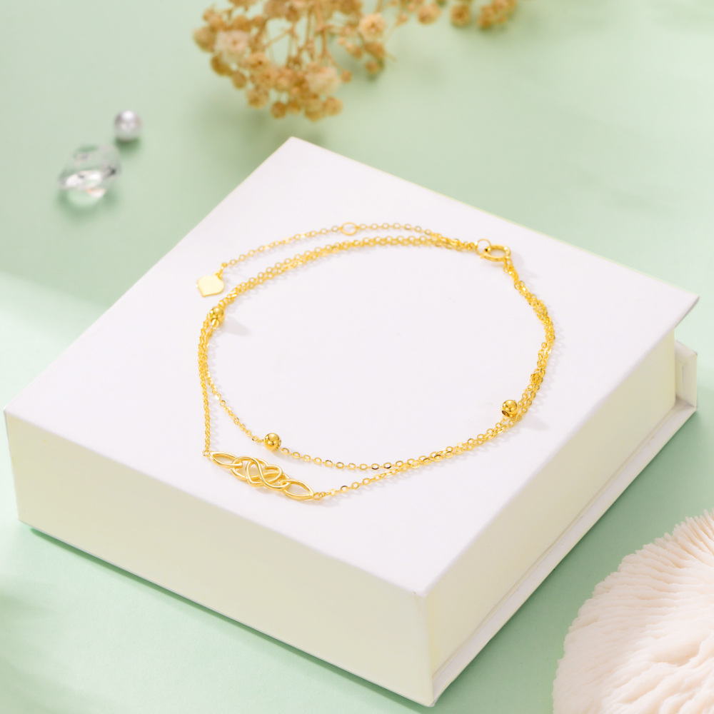 10K Gold Bead Celtic Knot Heart Multi-layered Charm Anklet-4