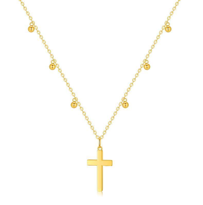 10K Gold Bead & Cross Pendant Necklace-1