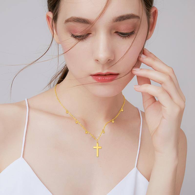 10K Gold Bead & Cross Pendant Necklace-2