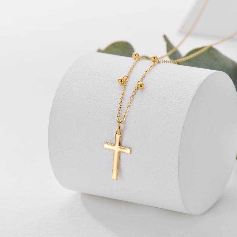 14K Gold Bead & Cross Pendant Necklace-3