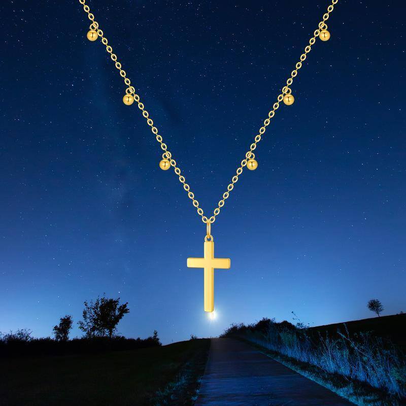 10K Gold Bead & Cross Pendant Necklace-5