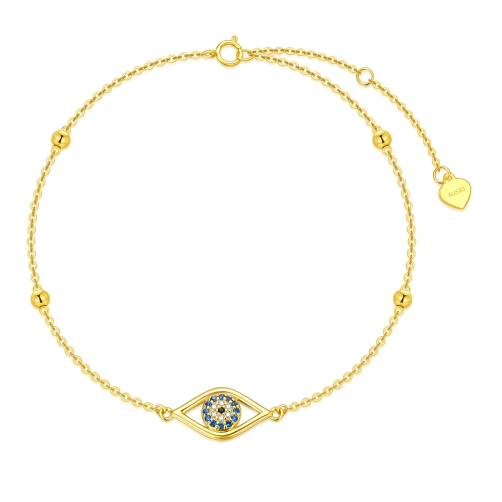 10K Gold Cubic Zirconia Bead & Evil Eye Charm Bracelet-1