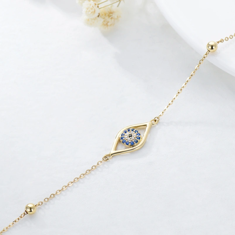 Pulseira em ouro branco de 10 quilates com contas de zircónia cúbica e pendente de olho grego.-3