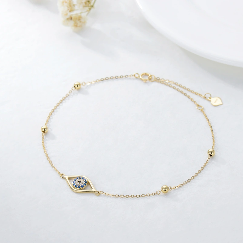 Pulseira em ouro branco de 10 quilates com contas de zircónia cúbica e pendente de olho grego.-4