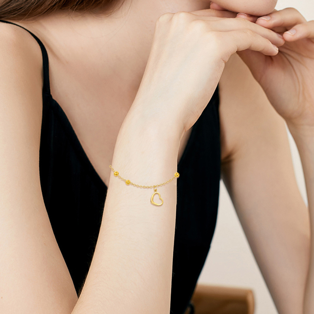 10K Gold Bead & Heart Bracelet for Women-2
