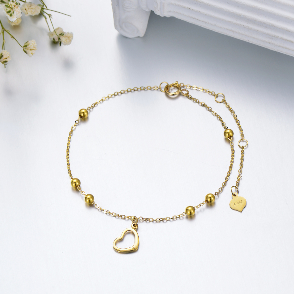 14K Gold Bead & Heart Bracelet for Women-3