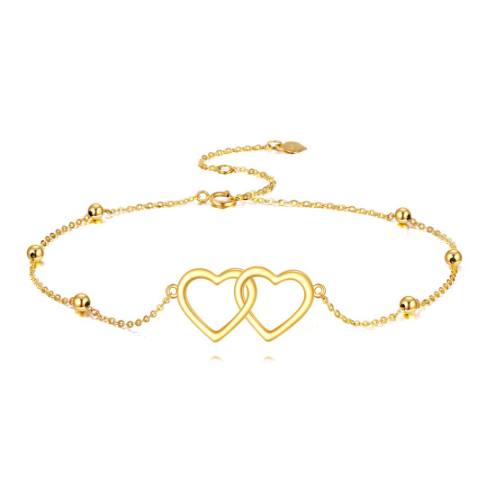 14K Gold Bead & Heart With Heart Charm Bracelet