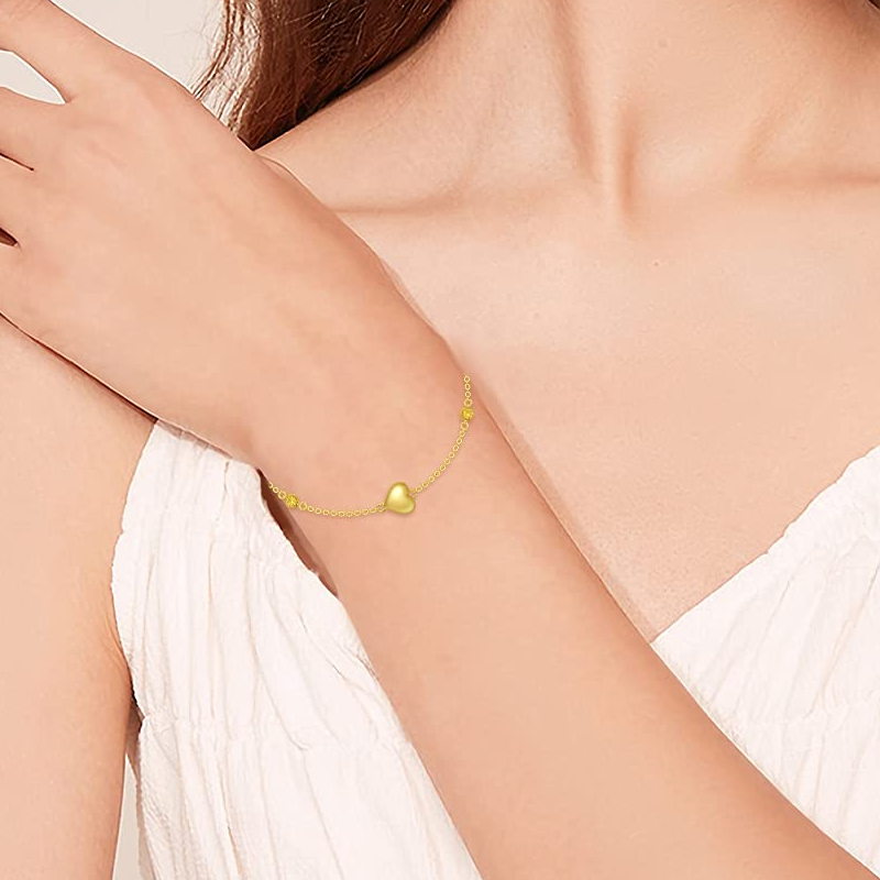 Pulsera de oro blanco de 10 quilates con cuentas y dije de corazón-2