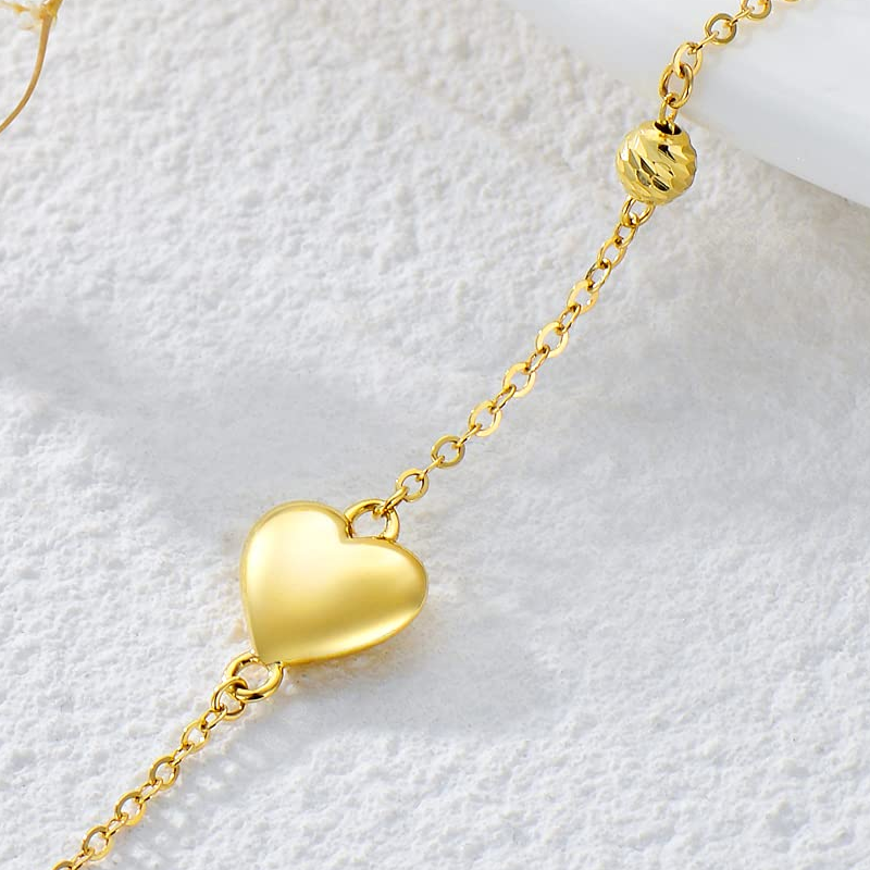 Pulsera de oro blanco de 10 quilates con cuentas y dije de corazón-3