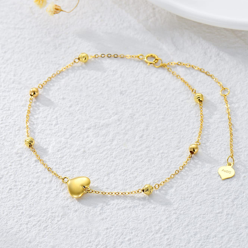 Pulsera de oro blanco de 10 quilates con cuentas y dije de corazón-4