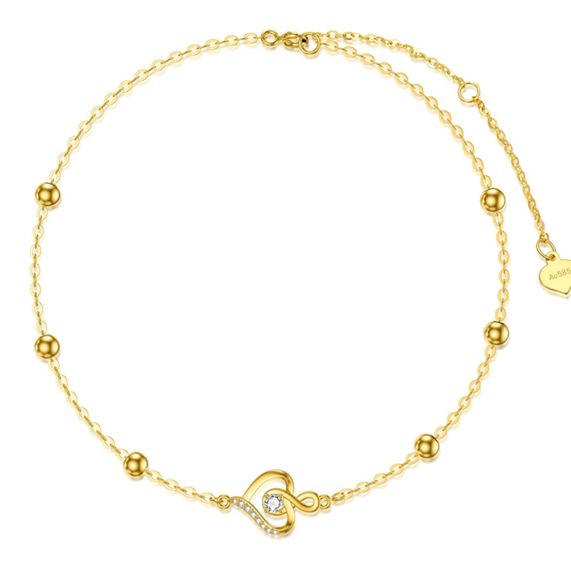 Pulsera con símbolo de infinito y corazón de cuentas de circonita cúbica en oro de 14 quilates para mujer-1