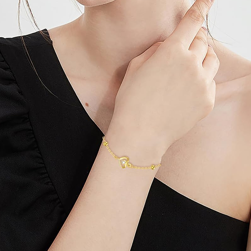 Bracciale con perline in oro bianco 10K, zirconi cubici, ciondolo a forma di cuore e simbolo dell'infinito-2
