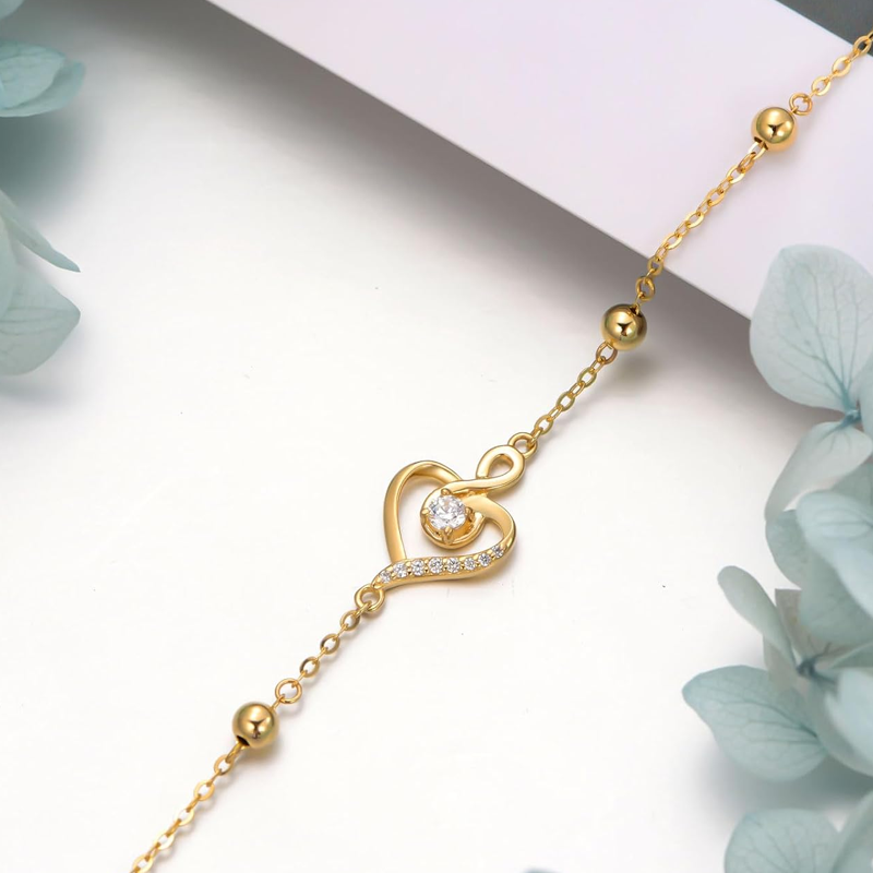 10K Gold Cubic Zirconia Bead & Heart & Infinity Symbol Bracelet for Women-3